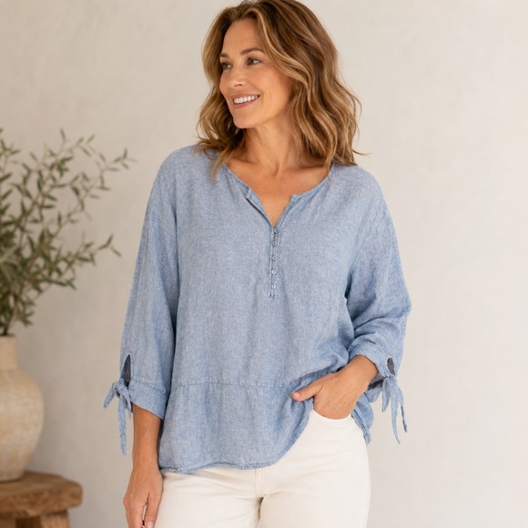 Liz Claiborne Tops - Liz Claiborne Womens Size XL Blue Linen Blend Peasant Blouse Roll Tie Sleeve Top